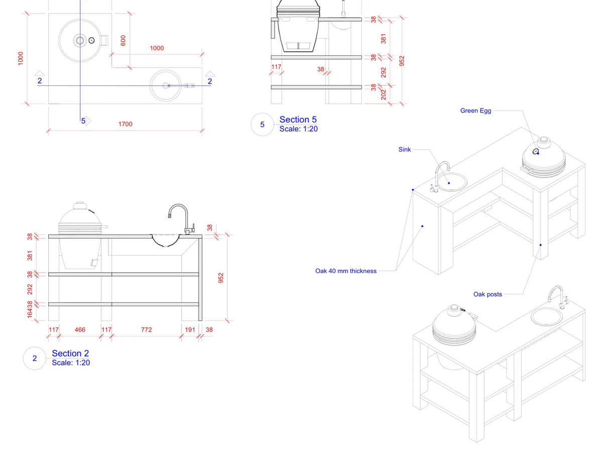 Technical drawings and sections of outdoor kitchen with Green Egg
