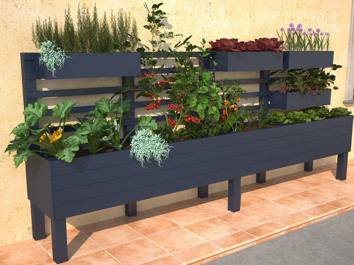 3D render of custom planter box with herbs and vegetables