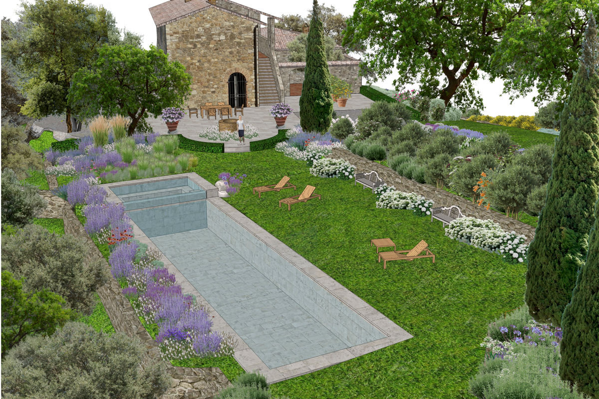3D rendering of pool and garden with Tuscan stone farmhouse