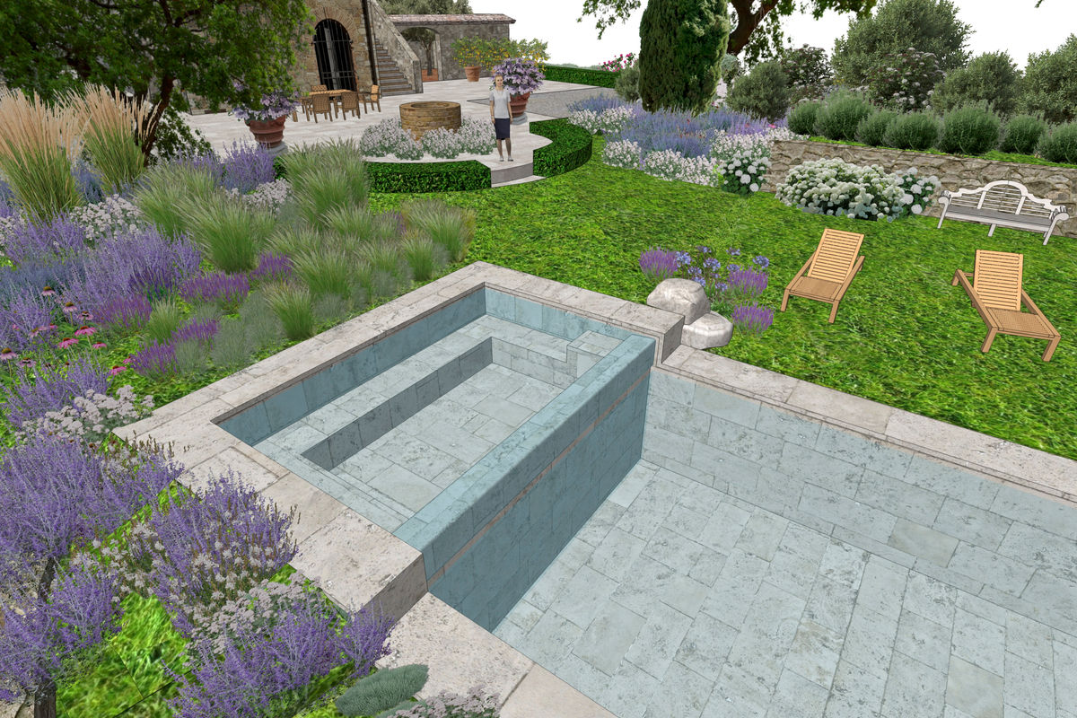 3D rendering of pool spa area with lavender borders and travertine paving